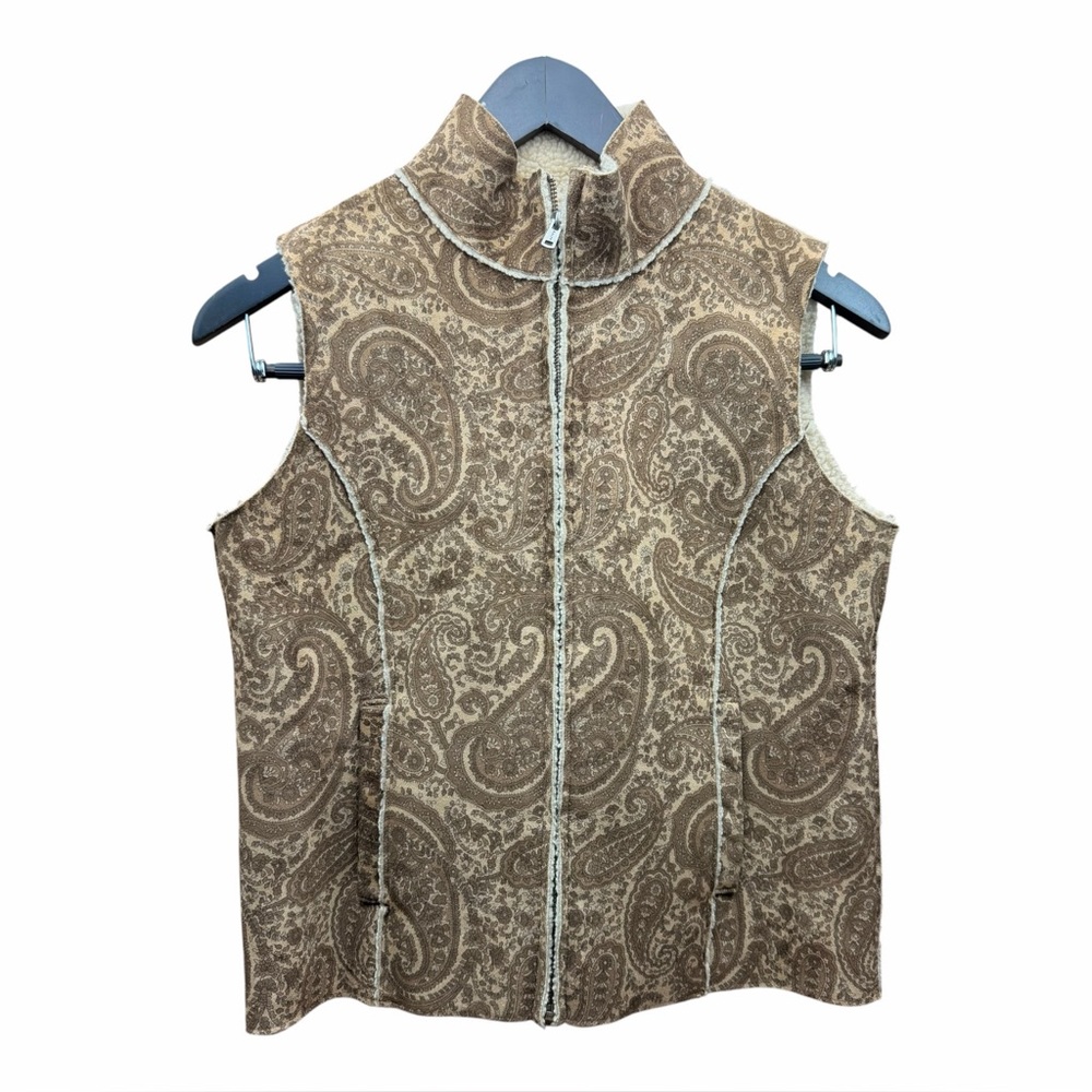 Vtg RALPH LAUREN Palomino Women Faux Suede/Sherpa Vest Size S Brown Paisley